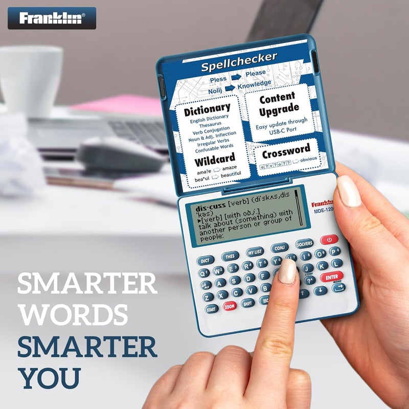 Franklin قاموس إلكتروني وموسوعة MDE-1200 – قاموس إنجليزي، مرادفات، مدقق إملائي، ألعاب كلمات، أدوات قواعد، قاموس رقمي، جهاز محمول بشاشة LCD - Image 2